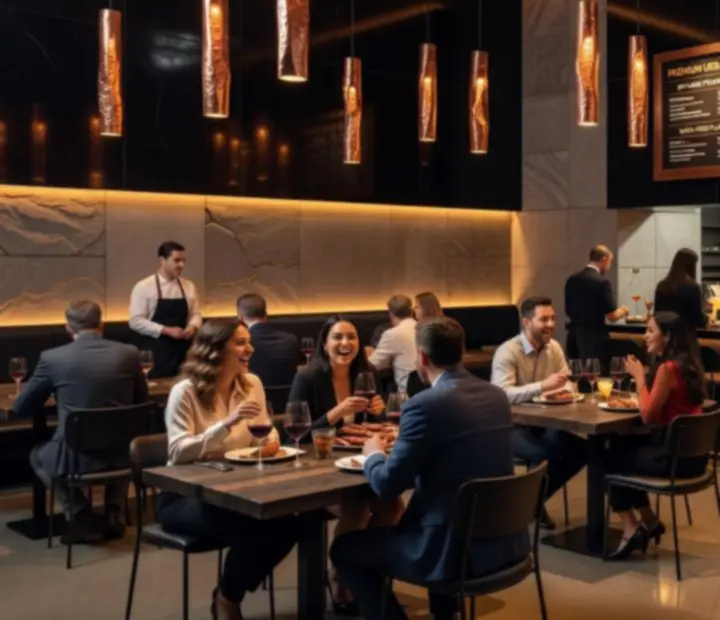 Sötét, ipari hangulatú budapesti grill étterem réz és acél részletekkel